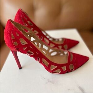 Diane von Furstenberg Red Suede Cutout Pointed-Toe Stiletto Heels | EU 38 / US 7